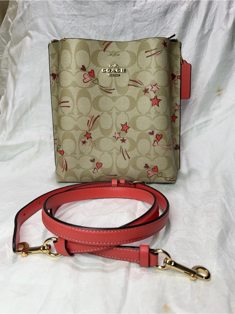 Coach Beige Signature Canvas Tote with Pink & Red Heart Print